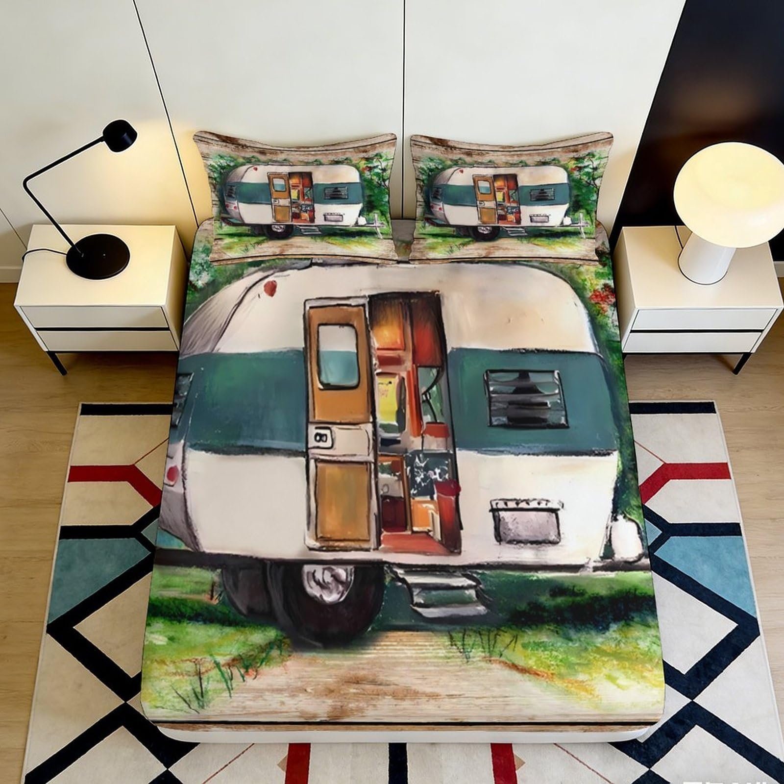 3D Printed Vintage Caravan Fitted Sheet Microfiber Soft Breathable Camper Trailer Bed Cover for Bedroom Dormitory Guest Room Mattress Protection Decor 120x200x25cm
