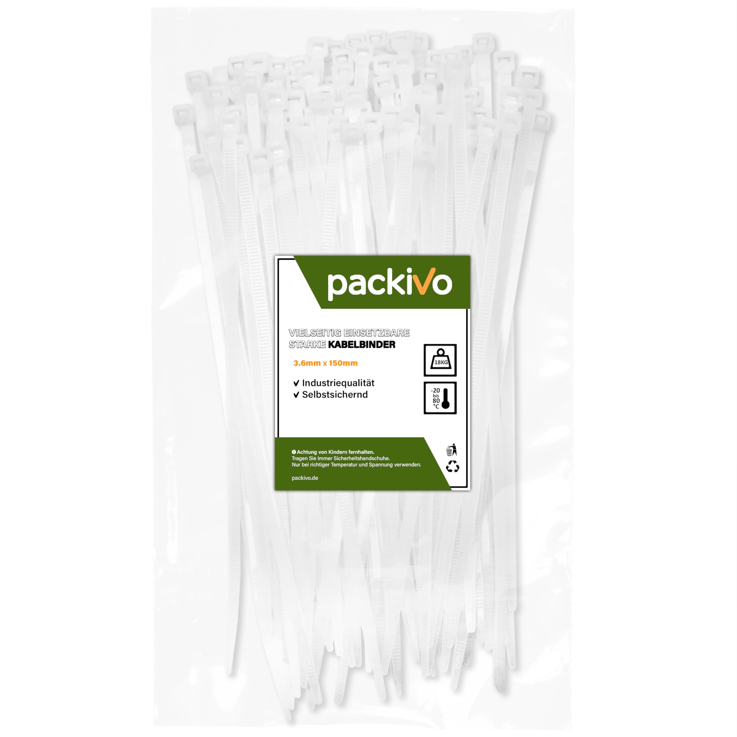 PACKIVO Professional Cable Ties 3.6 x 150 mm, Pack of 100 White Cable Ties, Industrial Quality, Tensile Strength up to 18 kg
