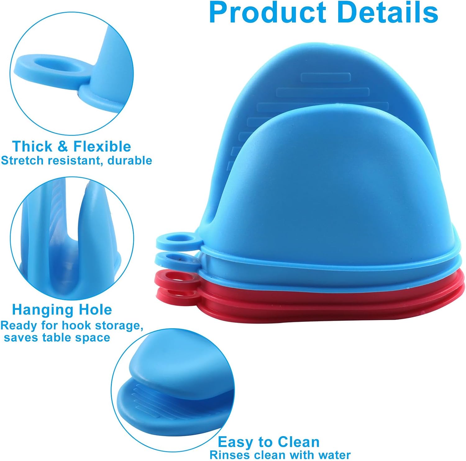 4 PCS Heat Resistant Silicone Oven Mitts, Mini Silicone Gloves Cooking Pinch Mitts, Thickened Potholders for Kitchen Cooking & Baking(Blue, Red)