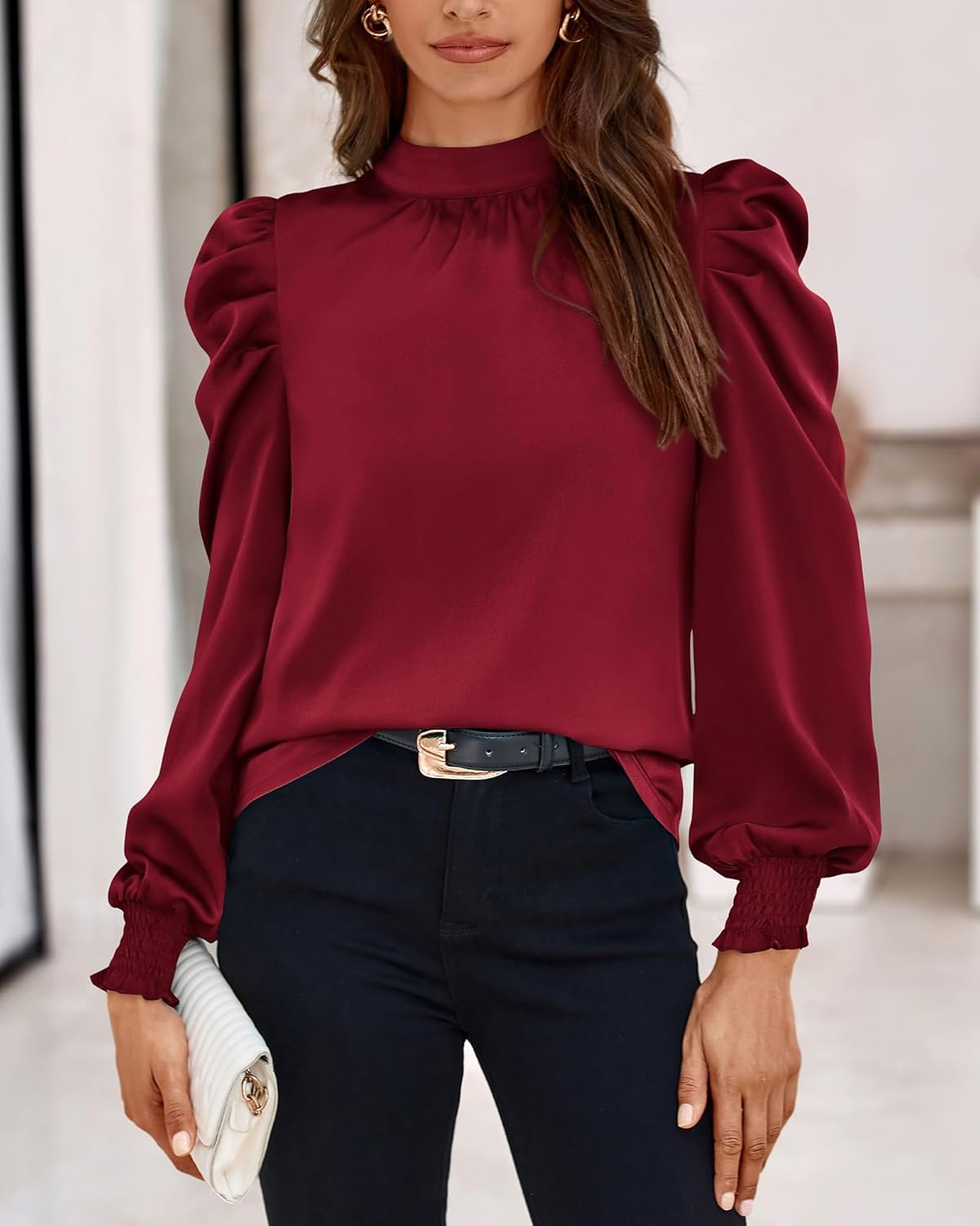 BTFBM Mock Neck Long Sleeve Blouses for Women Dressy Casual Business Work Shirts 2026 Spring Fall Clothes Satin Tops - Image 6