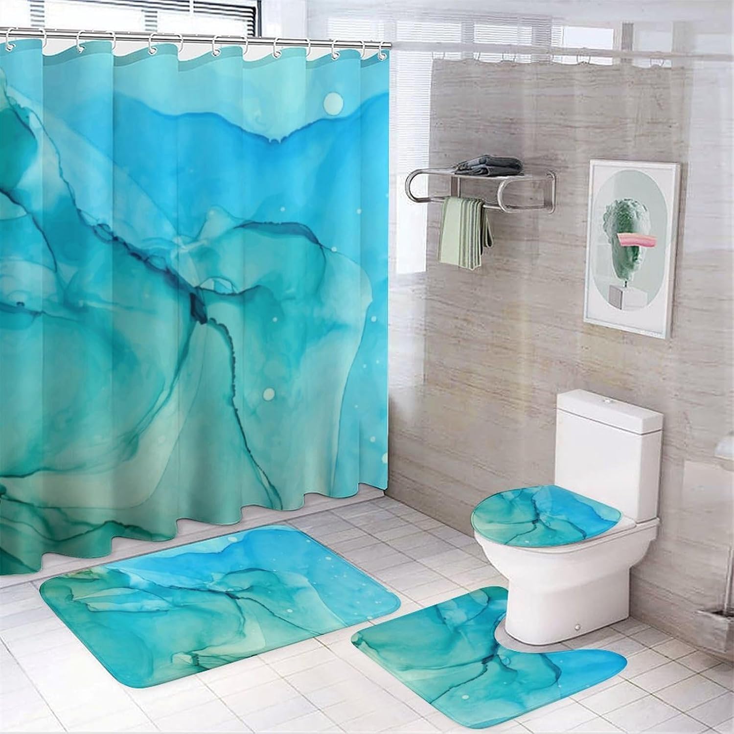Rideau de douche motif floral vert marbre avec tapis de bain et WC
