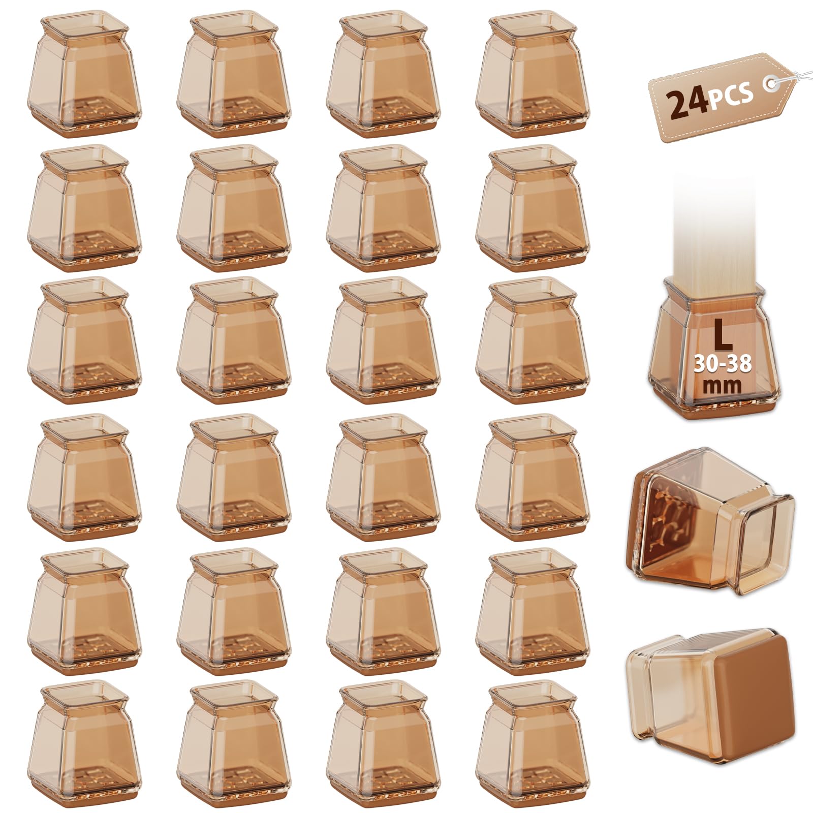 24 Pcs Square Brown Chair Leg Floor Protectors, Anti-Scratch Rubber Feet Caps for Chair Table Sofa Legs, Chair foot glide carpet protector, Protect Wooden Floors and Reduce Noise(Fit:30-38mm)