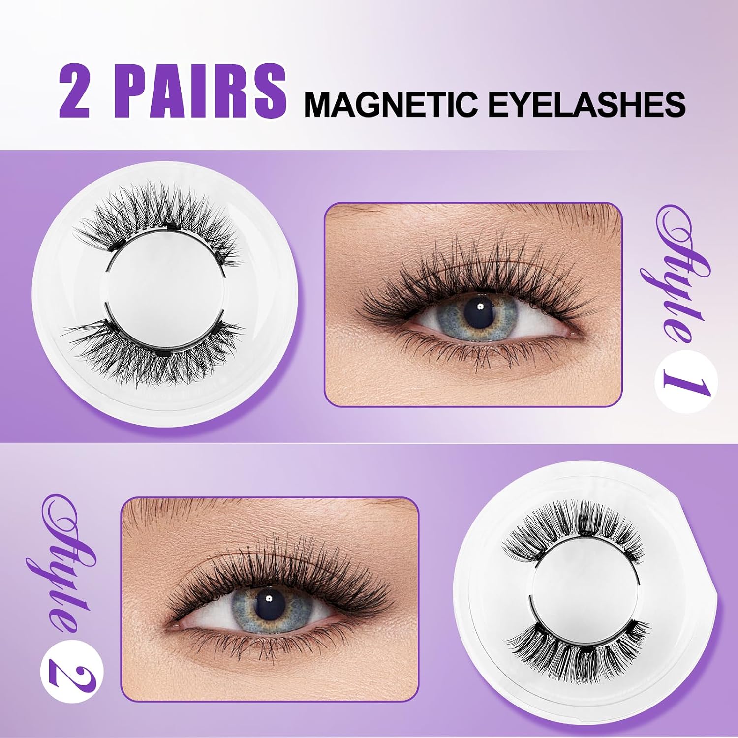 2-Pairs Magnetic Eyelashes Kit with Applicator: Wendy Natural Reusable False Lash Soft Waterproof False Lash No Glue Needed, K8-604-X1 image 5