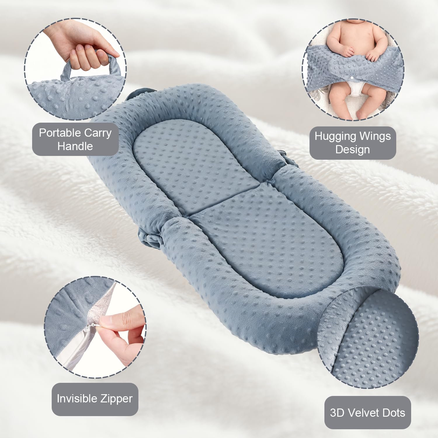 Babynest Nestchen für Neugeborene, Tragbarer 3-in-1 Baby Lounger 0-24 Monate, Klappbares Bauchzeitkissen & Babysitzstütze, Abnehmbarer Bezug aus 100% Baumwolle & Samt, Ideal als Babygeschenk