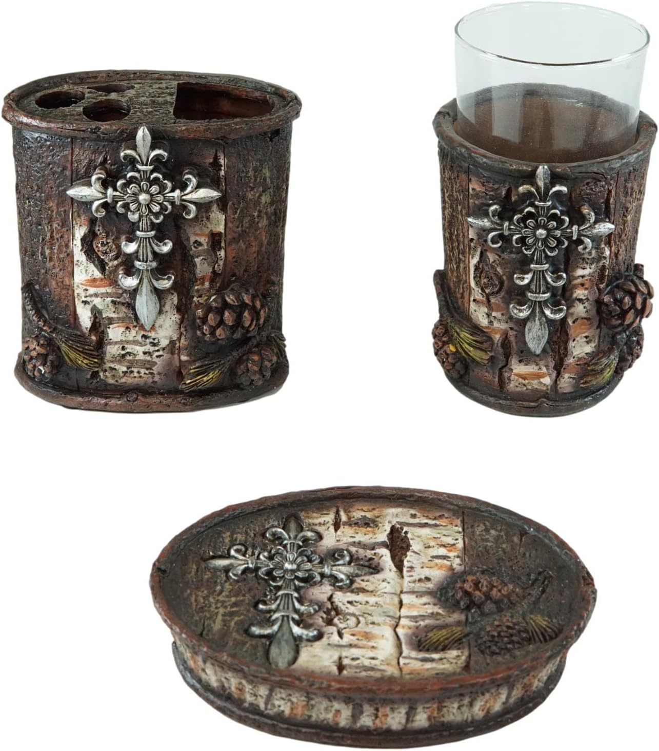 Ebros Gift Rustic Southwestern Inspirational Le Fleur Cross with Birch and Pinecones Bathroom Accessory Resin Sculpture Fleur De Lis Accent (Tumbler Cup, Soap Dish and Toothbrush Holder Set of 3)