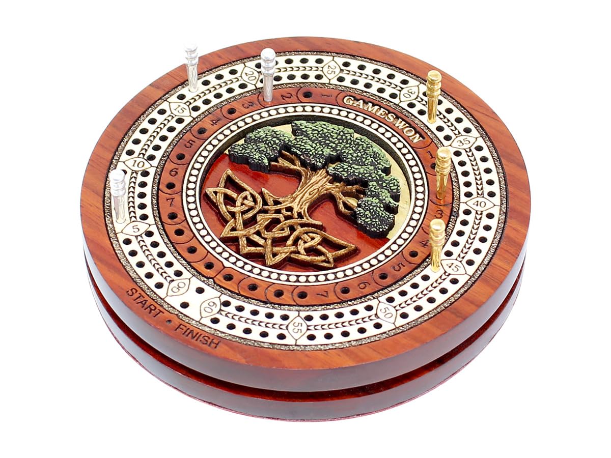 House of Cribbage - 2 Track 60 Points - Tree of Life Inlaid Wooden Travel/Pocket Size Cribbage Board - Size 4 Inch (Blood Wood/Maple Wood)