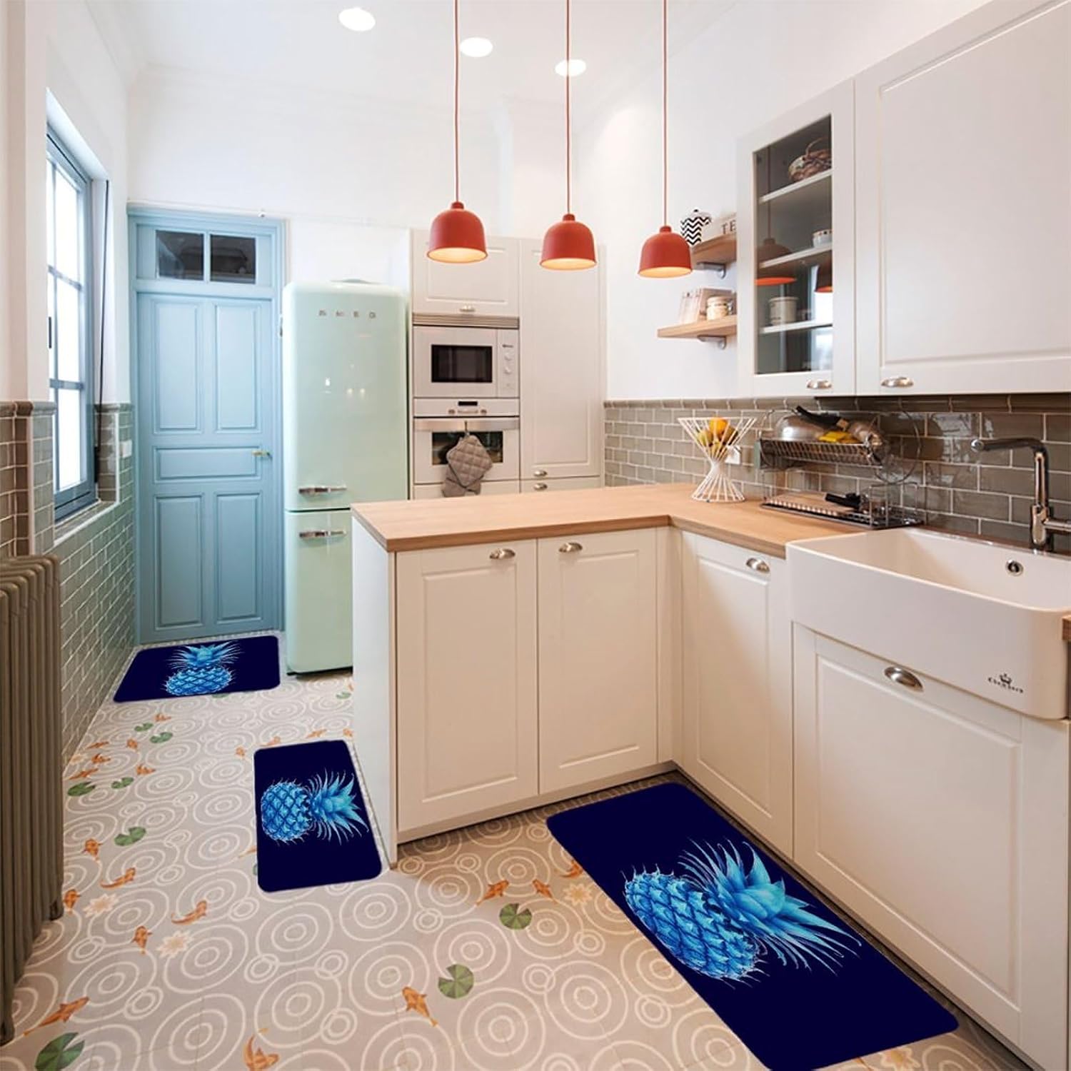 Blue Pineapple 3-Piece Kitchen Rug Indoor Door Mat | Non-Slip Kitchen Mat for Profile Absorbent, Moisture-Wicking and Breathable for Bathroom Laundry Room Bedroom Home Decor