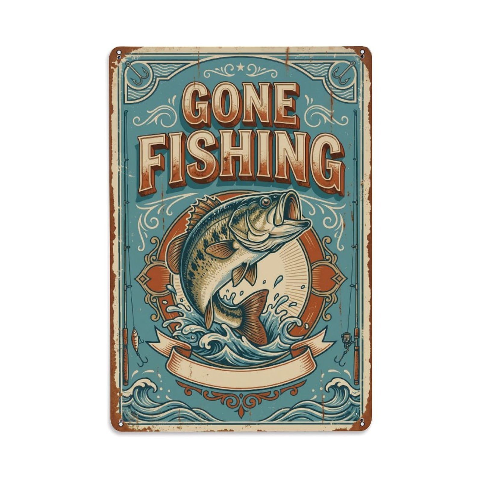 Gone Fishing Vintage Angler 3 Vintage Metal Tin Sign Plaque Wall Decor for Cafe, Club, Garden Metal Poster 8x12Inch