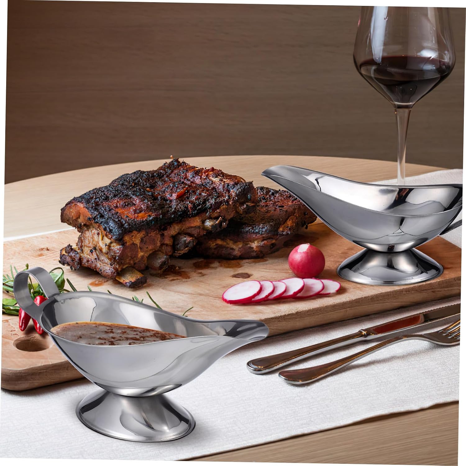 2pcs Stainless Steel Gravy Boat Lid Sauce Boat for Bbq Party Catering Metal Serving Bowl Easy to Clean