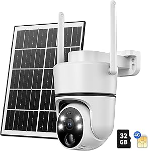 4G LTE Cellular Solar Security Camera Wireless Outdoor, W/Changeable SIM Card&32GB SD Card, PTZ 360° No Wifi Security Camera,Auto Tracking& Spotlight Alarm, Color Night Vision, Two-Way Audio asin的图片