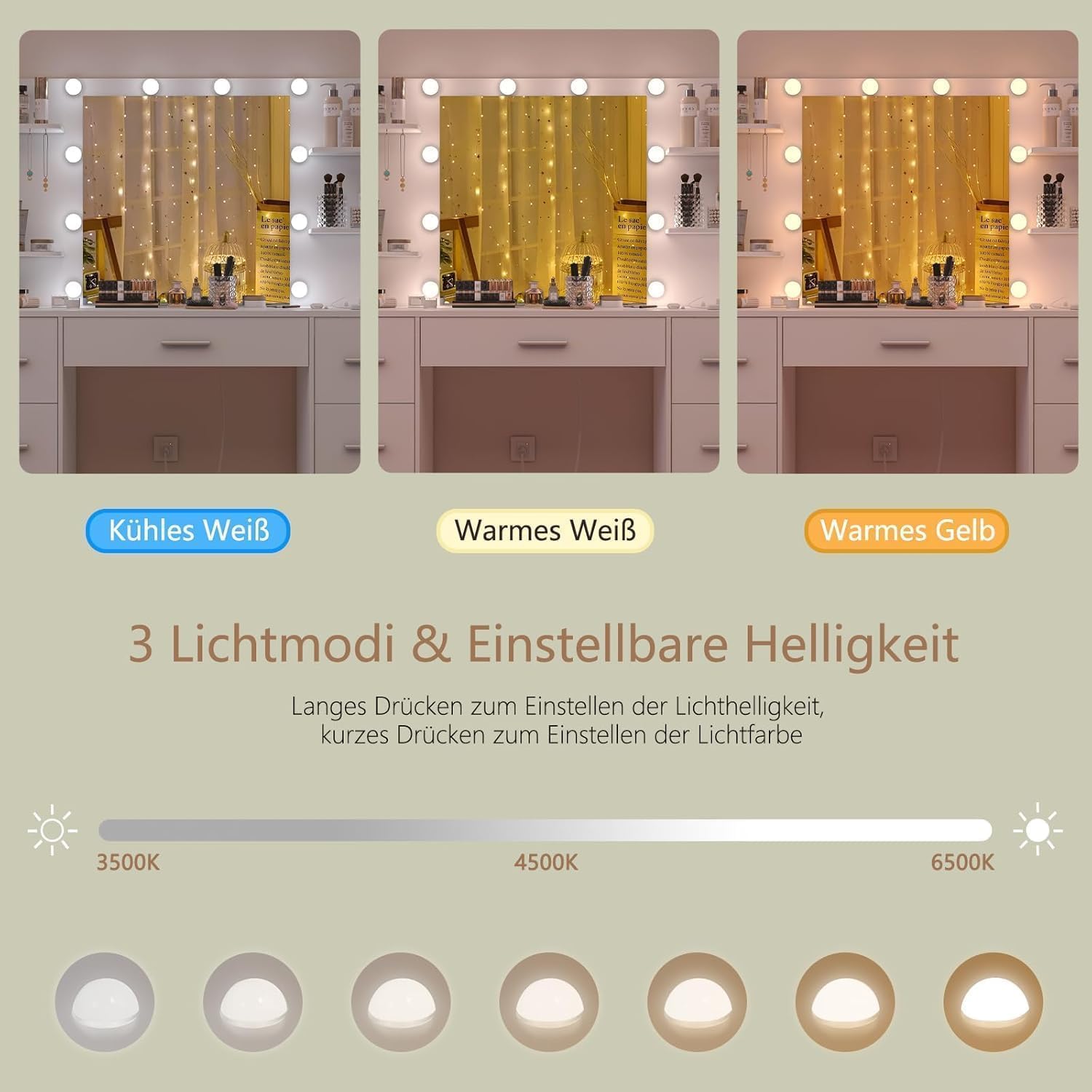 TEENFON Toeletta Trucco con Luci, Led Regolabili, 3 Colori Regolabili, Toletta con Grande Specchio,Presa,Bianco, 7 Cassetti, 4 Ripiani Aperti e 5 Ganci per Gioielli per la Camera da Letto
