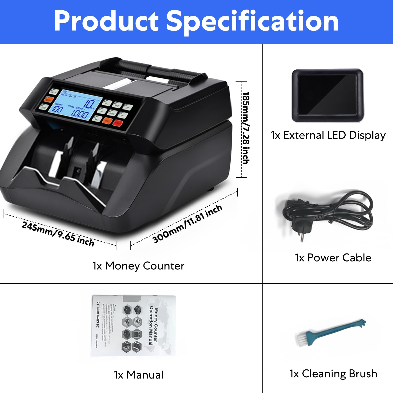 Compteuse de Billets Professionnelle Machine a Compter les Billets, Détection UV/MG/IR/MT, 1000 Billets/Min, Machine Compte Billet Affichage LCD 3,5” et Écran LED Externe, Mode Addition, Valeur et Lot