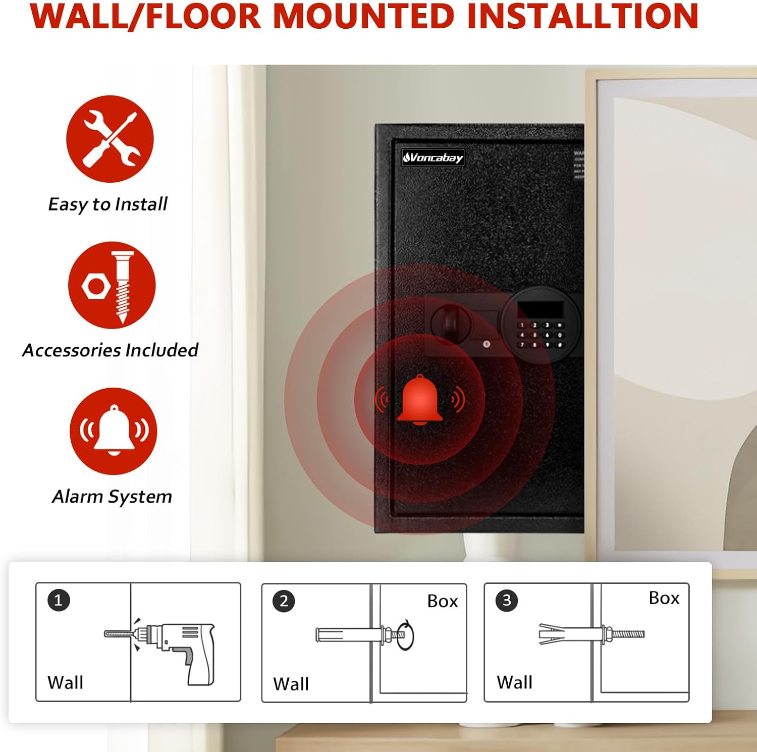 Voncabay Money Safe Box for Home with Sensor Light & Fireproof Money Bag - 2.2 Cubic Feet Security Safe Box with Digital Keypad, Keys & Pass Code Lock Black
