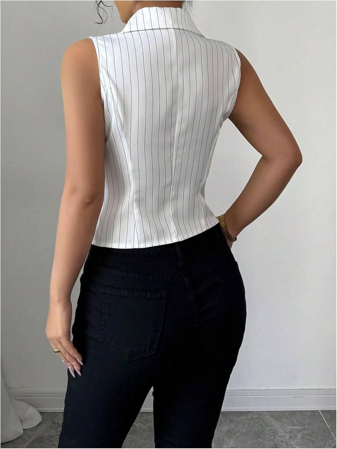 SOLY HUX Women's Striped Button Down Blouse Collar V Neck Sleeveless Split Hem Top - Image 2