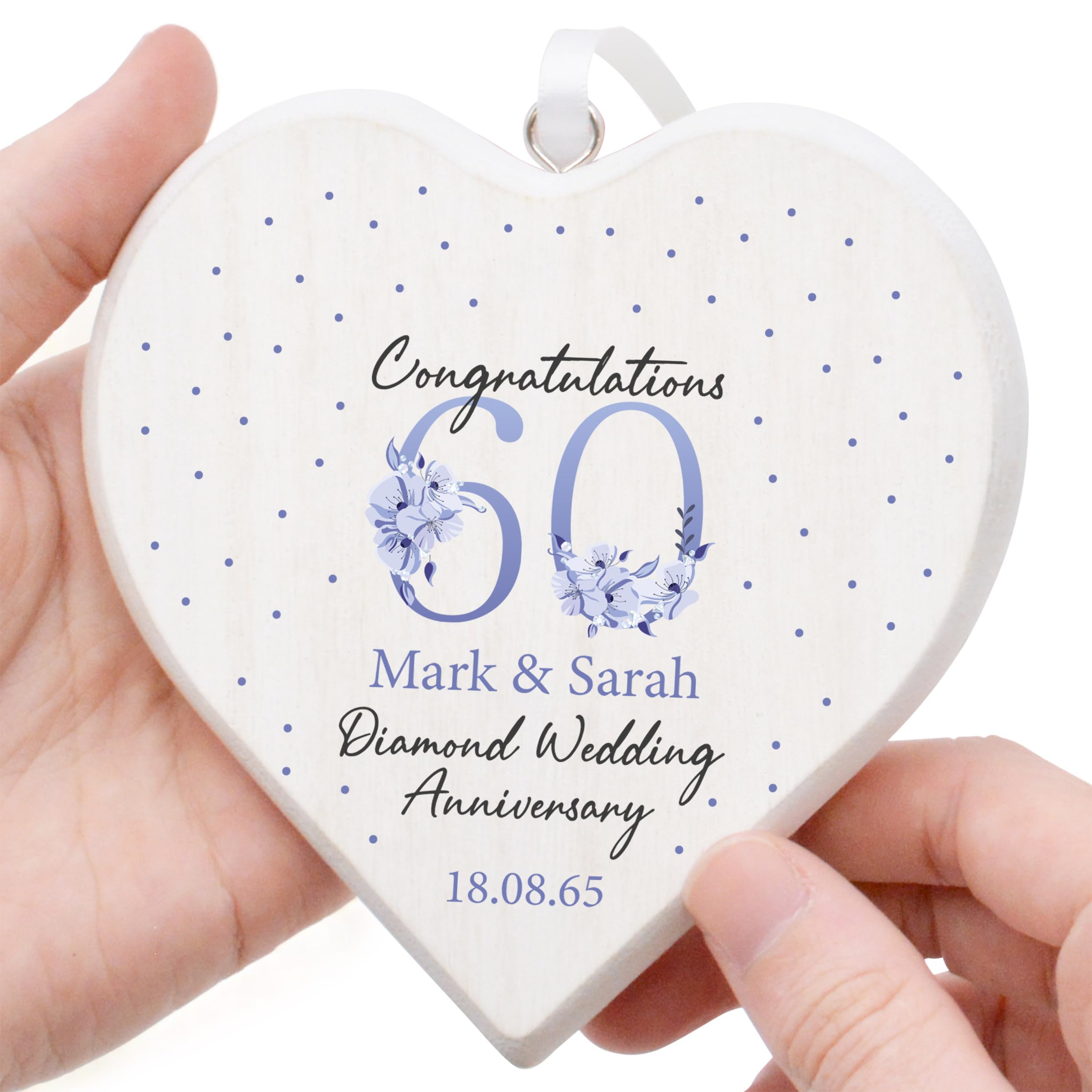 Beecreative Personalised Diamond Wedding Anniversary Gifts - Rustic White Wood Heart Decoration - 60th Anniversary Congratulations Gift For Parents - With Gift Bag