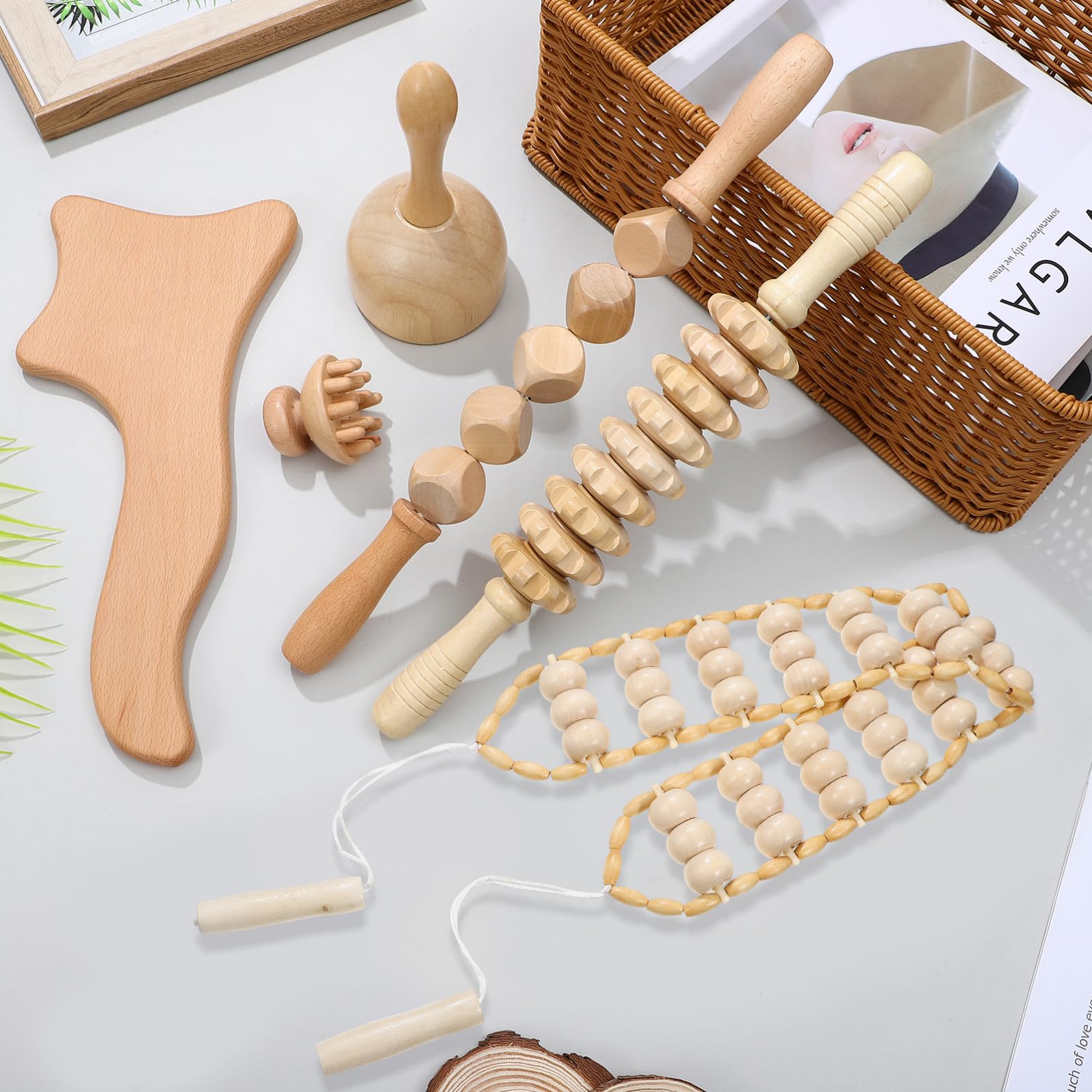 GARVALON Rodillo Masajeador Anticelulitis, Kit de Maderoterapia de 6 Piezas en Madera, Tabla de Masaje Manual para Espalda, Uso en Oficina