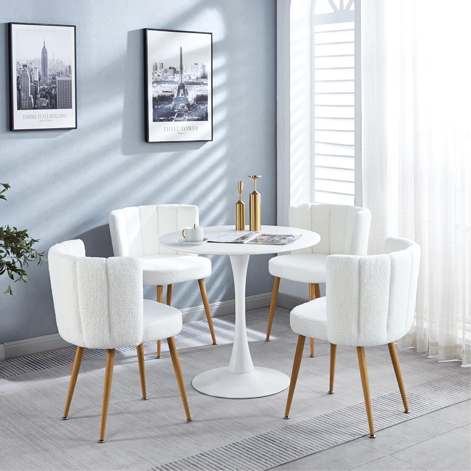 FMD White Sherpa Upholstered Dining Chairs Set of 2, Mid Century Modern Accent Chairs for Vanity Living Room