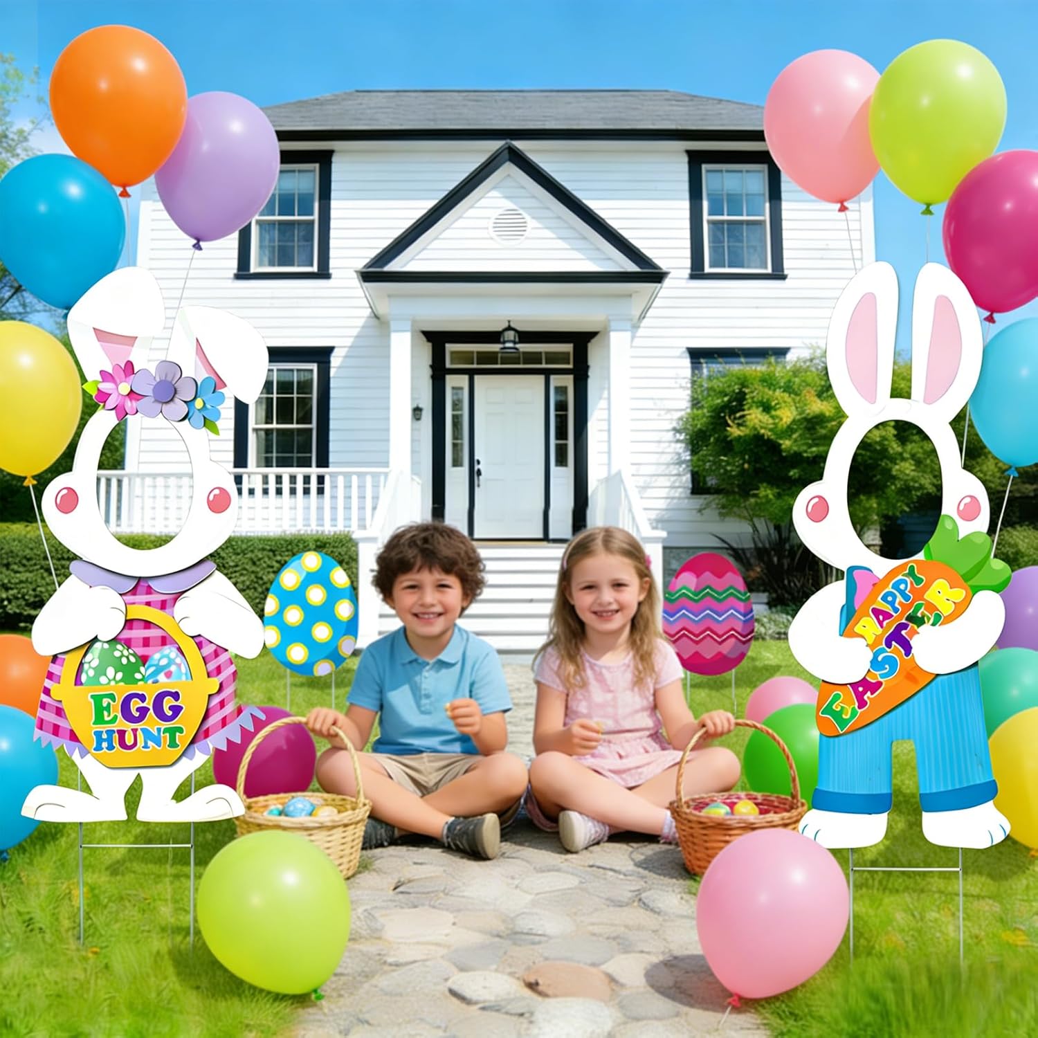 4Pcs Easter Outdoor Yard Signs Decorations,35.43 Inch Cute Bunny Face Yard Sign Photo Props with Metal Stakes,Waterproof Happy Easter Signs for Egg Hunt,Photography,Spring Outdoor Lawn Garden Decor