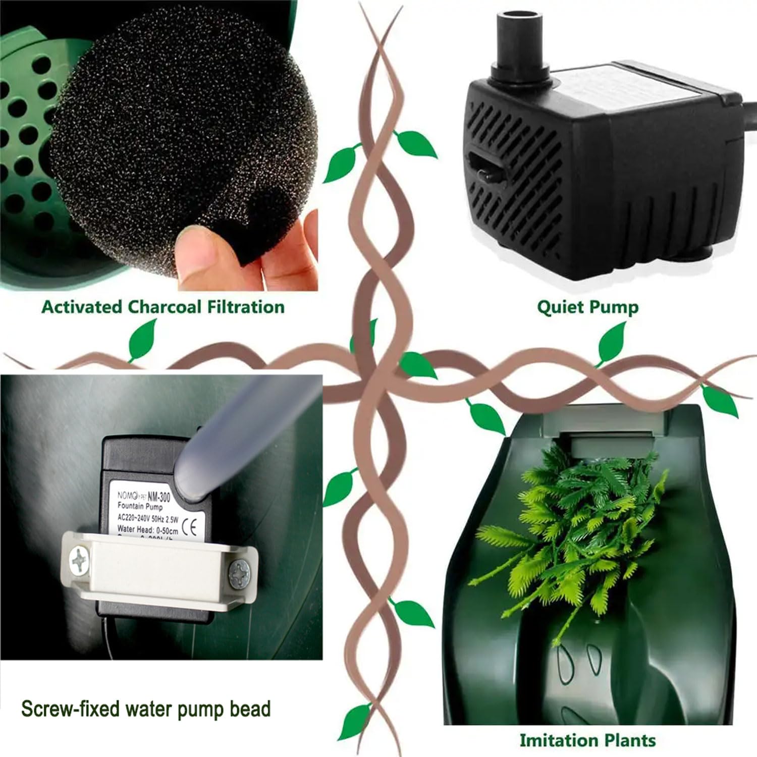 Bebedero automático para reptiles, velocidad de flujo de agua ajustable, dispensador de agua de circulación automática en cascada, sistema de filtro doble, para lagarto tortuga serpiente araña rana