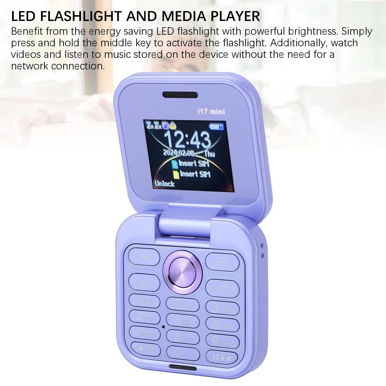 Bewinner El Teléfono Celular Más Pequeño con Tapa: Nano SIM Dual, Radio FM, Reproductor Multimedia 2G, Linterna LED, Cámara Trasera HD, Cordón para Personas Mayores (Violeta)