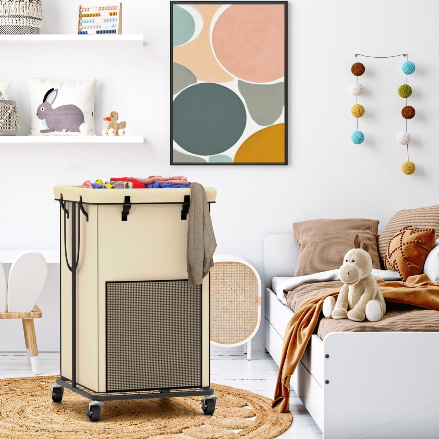 YKDIRECT 150L Large Laundry Hampers, Oxford Fabric Laundry Hampers Clothes Hampers, Metal Frame and Removable Bag Design with Wheels, Suitable for Bedroom, Bathroom, Dorm Room, Laundry Room (White)