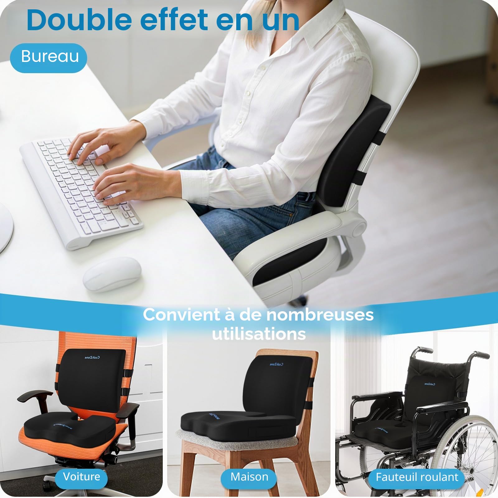 CushZone Coussin de siège, coussin de soutien lombaire avec sangle réglable - Coussins de chaise pour soulager la douleur sciatique - Avec housse lavable en mousse à mémoire de forme pour voiture,