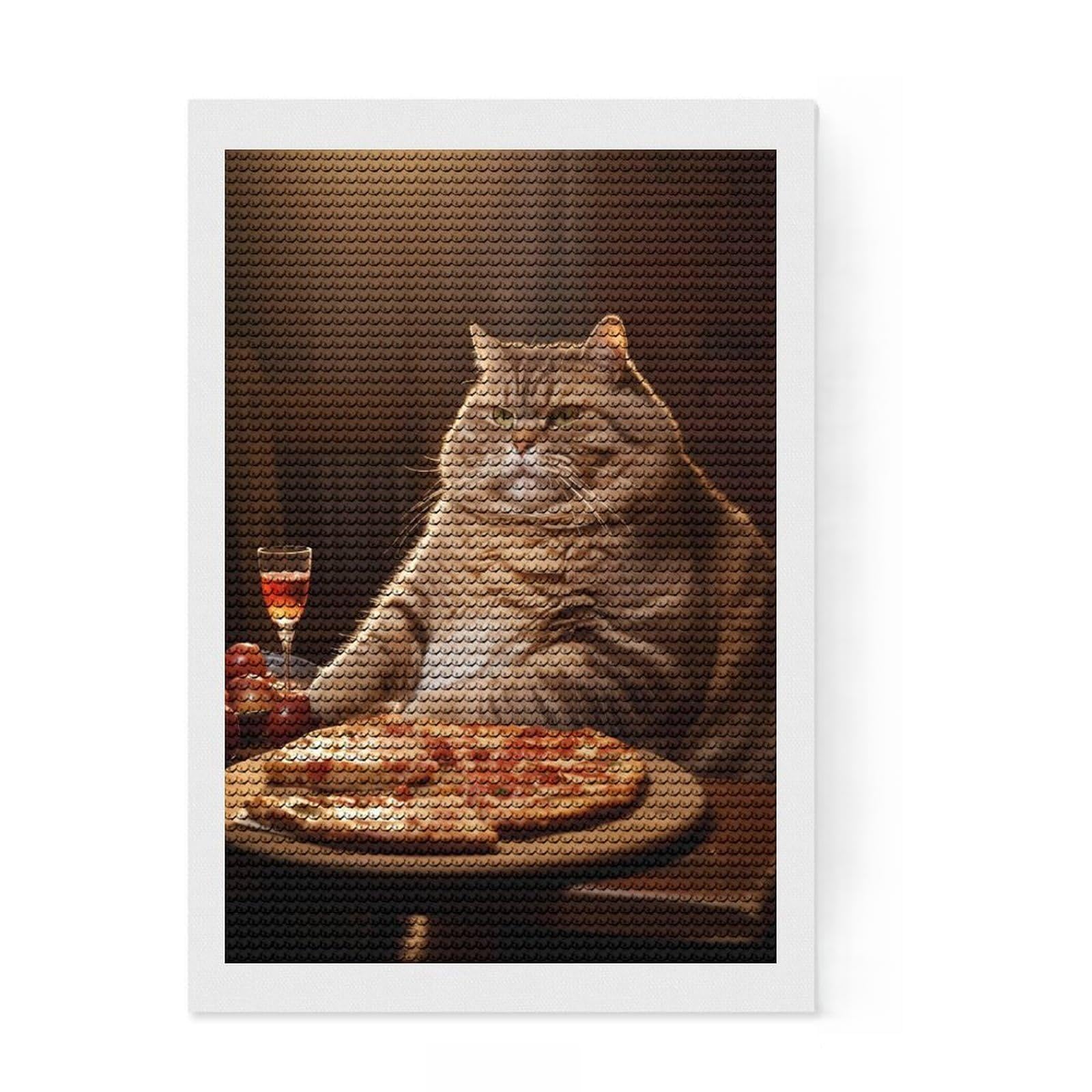 Junmoney Fat Cat Pizza Dinner Food Full Drill Diamond Painting Kit 8"x12", for Beginners, Relaxing DIY, Full Kit Included, Thoughtful Present