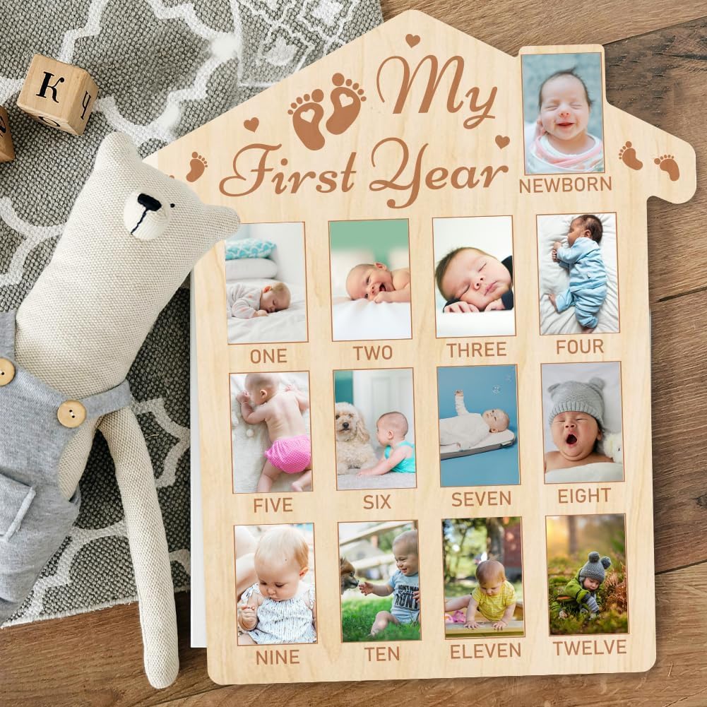 American Elm My First Year Baby Growth Photo Display Wood Board 12 Months Newborn Milestones Picture Frame - Baby Keepsake, 1st Birthday Party Nursery Decor 3