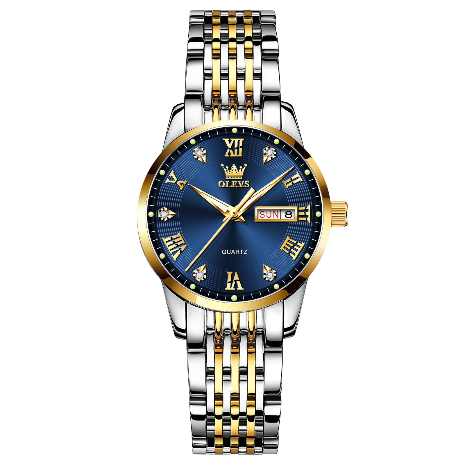 OLEVS Damen Uhr, Klassische wasserdichte Edelstahl Tagesdatum Kleine Armbanduhr Damen, Eleganze Rundes Zifferblatt Analog Quarz Leuchtende Damenuhr