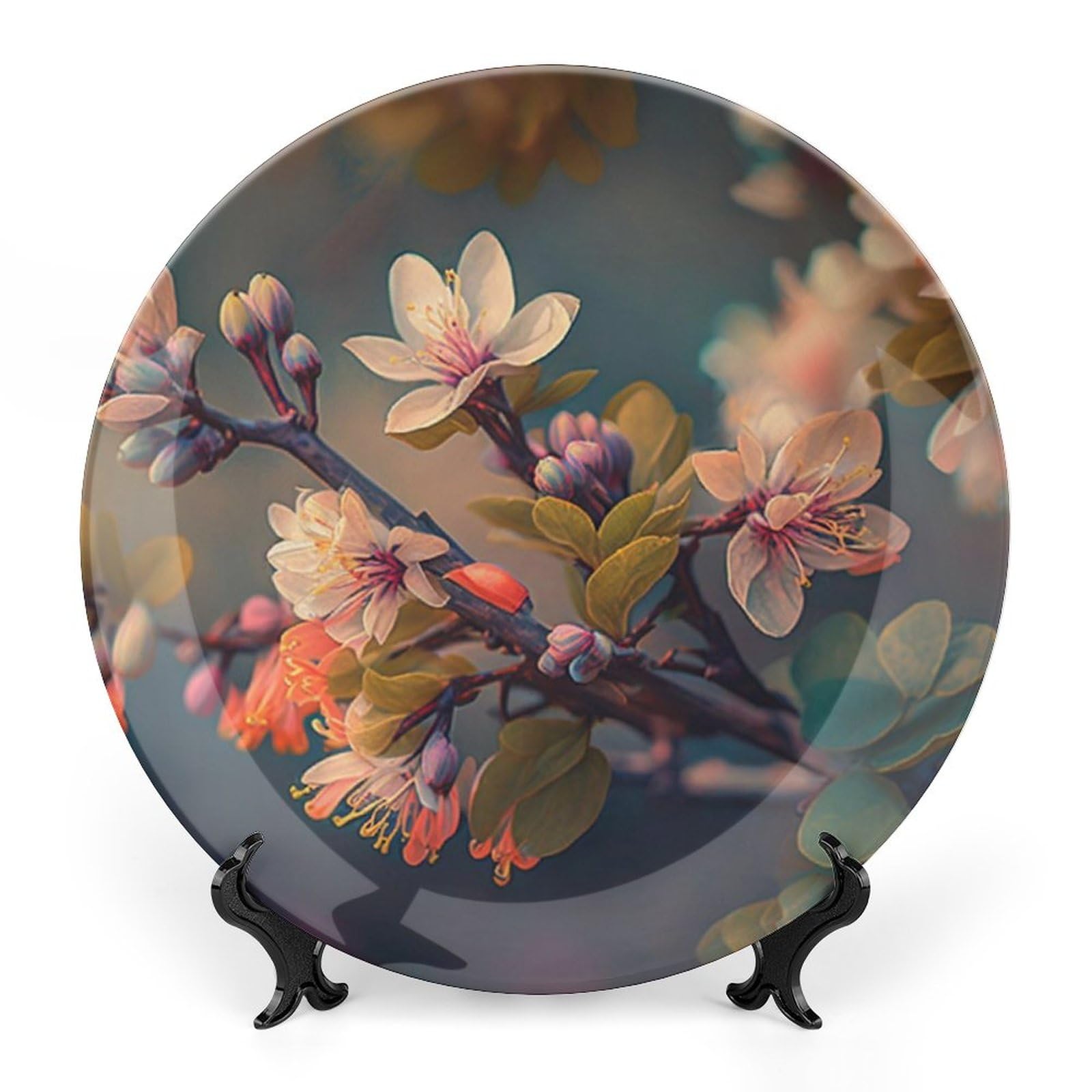 Gokays Decorative Plates, Spring Flowers Blossom Ceramic Dinner Plate Home Wobble-Plate with Display Stand, Wall Hanging Decor for Living Dining Room Kitchen Household 10 Inch