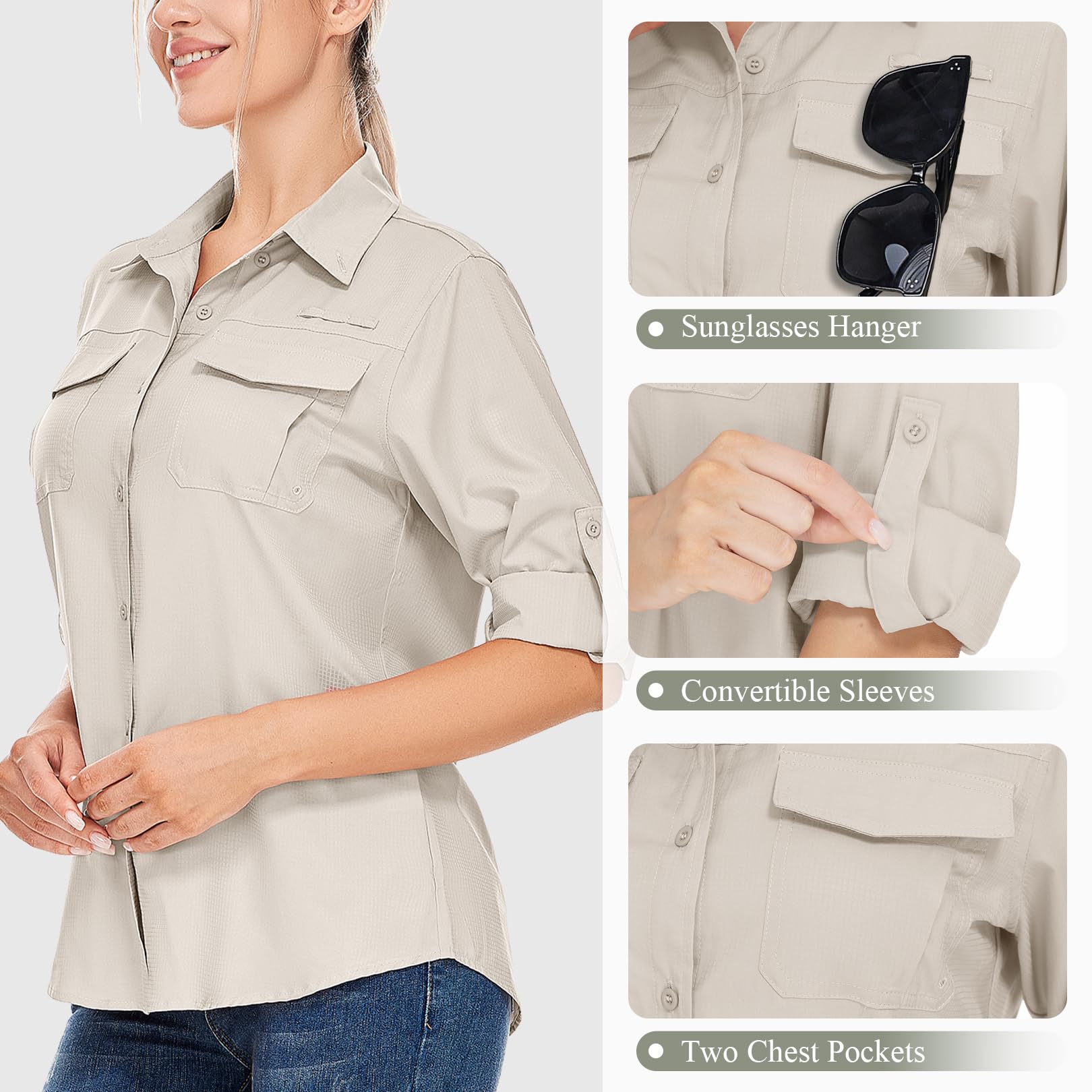 Camisas de safari para mujer, protección solar UV UPF 50+, manga larga, para exteriores, secado rápido, pesca, senderismo, jardinería