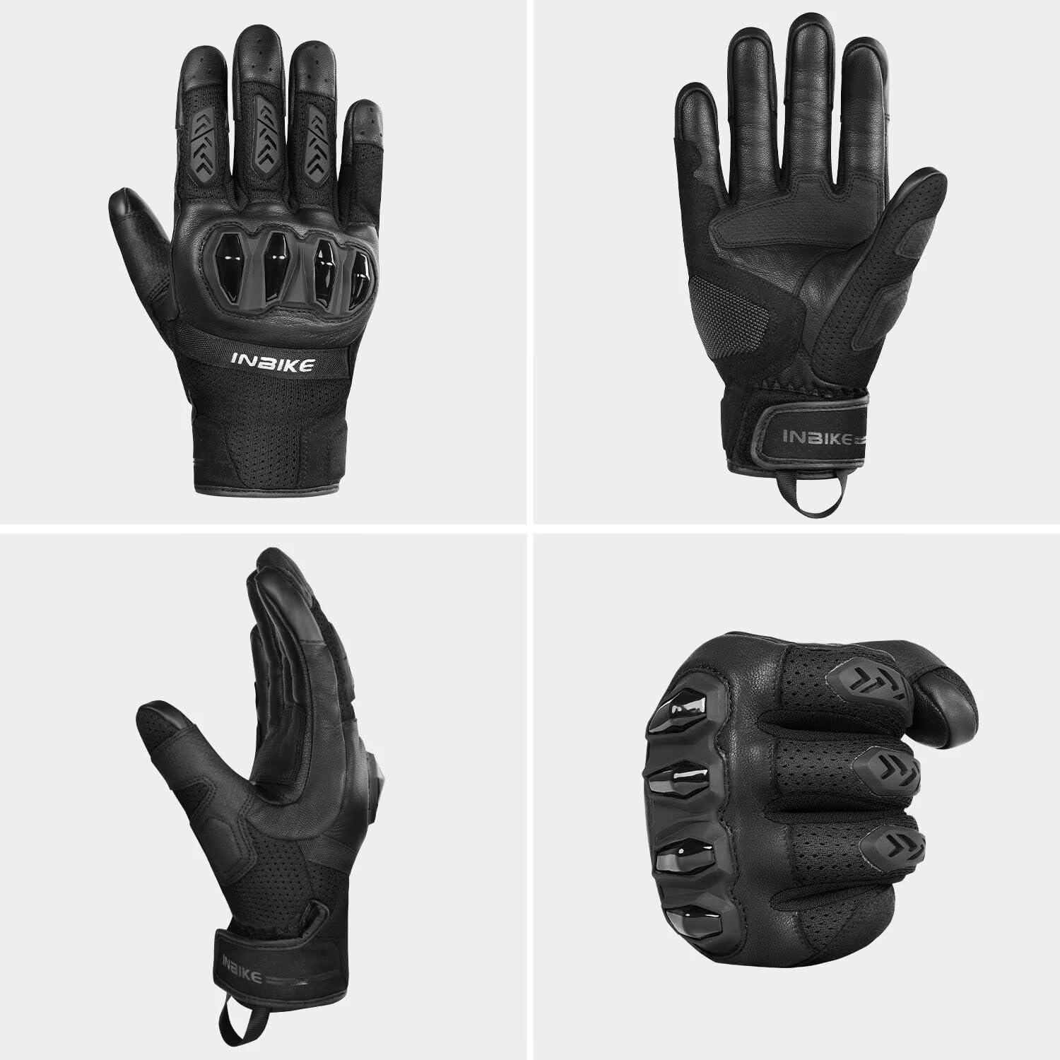 INBIKE Men's Premium Leather Motorcycle Gloves, Hard Knuckle Shell Protection, Breathable Mesh, Leather Gel Palm, Touchscreen Motorbike Riding Gloves for ATV BMX MTB - Image 2