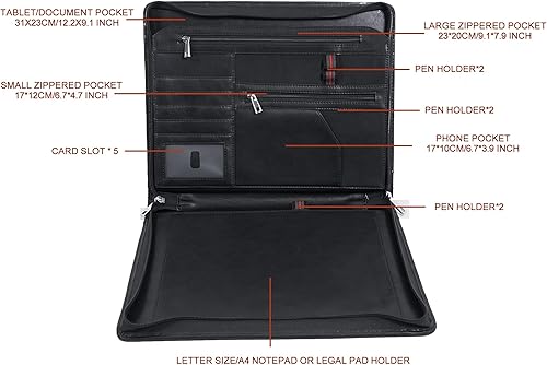 Miniatura 8 de AZXCG Portafolio de currículum, organizador de carpetas de negocios con cremallera y acabado mate de piel sintética, color negro (personalizable)