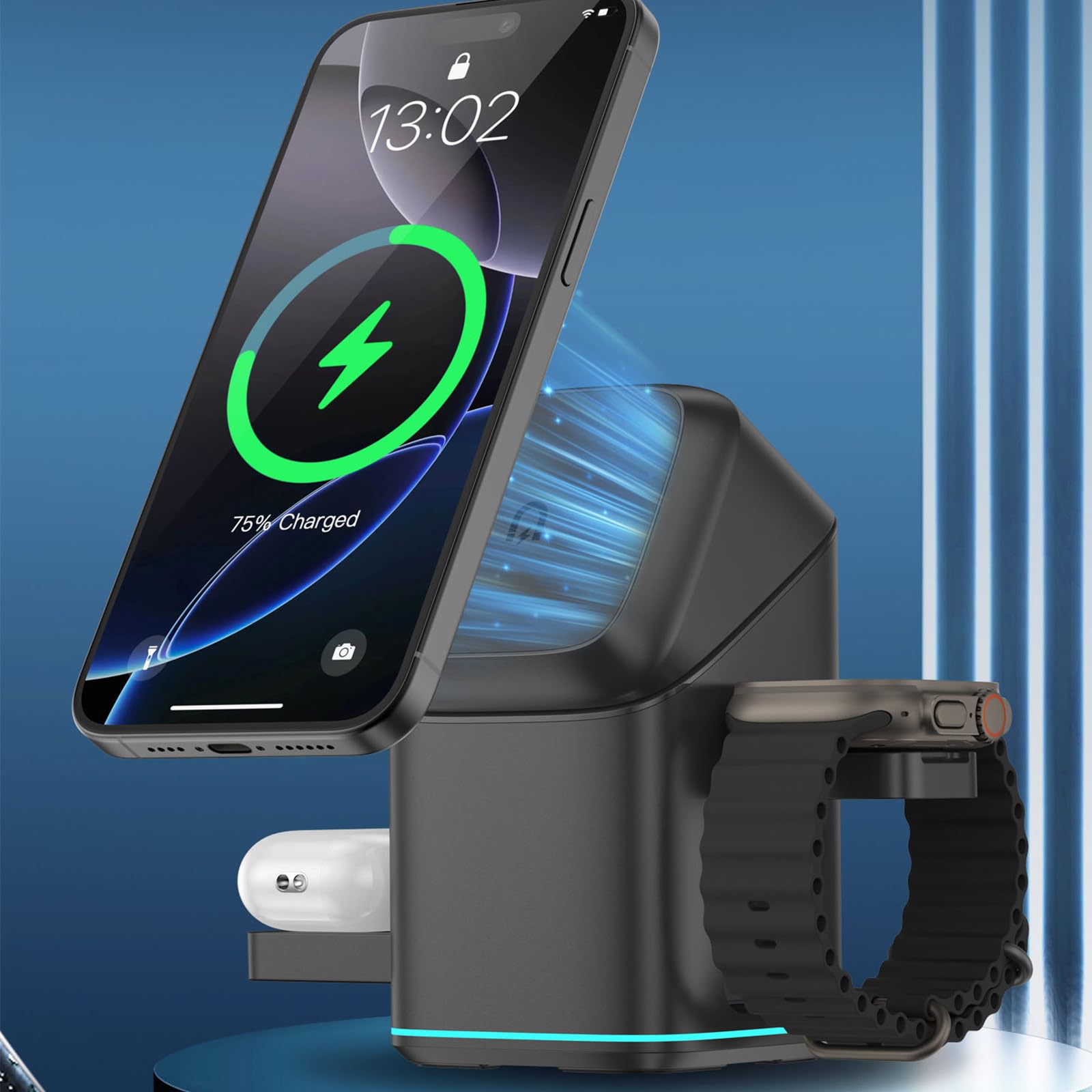 Stazione Magnetica Rotante in Metallo con Ricarica Veloce da 15 W per dispositivi Multipli Telefono Auricolare Smartwatch Metallo per Ufficio Veloce
