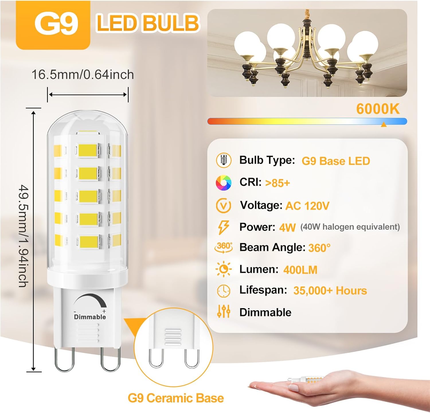 G9 LED Bulb 4W, 40 Watt Equivalent Halogen, 6000K Daylight Chandelier Light Bulbs, T4 G9 Bi-pin Base for Crystal Chandelier Home Lighting, 360 Degree Angle, 120V, dimmable 6 Pack