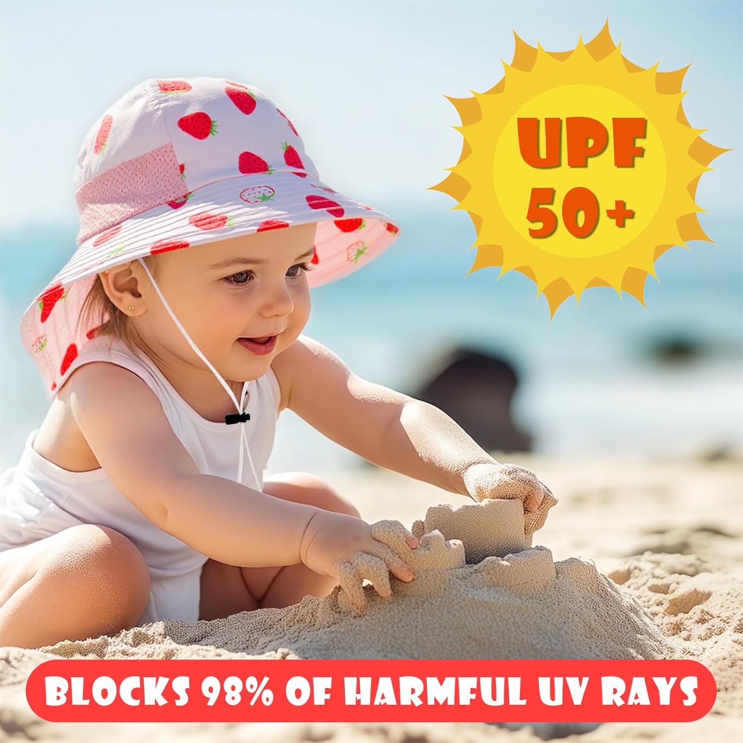 Toddler Baby Sun Hat Kids Summer UPF 50+ for Boys Girls Adjustable Beach Hats with Bucket Wide Brim Age 1-7 Years - Image 3