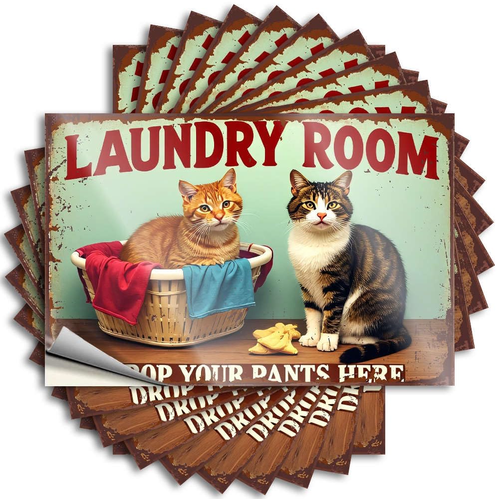 Indie Things Funny Sticker - Two Cats in Laundry Basket with Caption Drop Your Pants Here Hat Waterproof Vinyl Sticker(12X18CM)