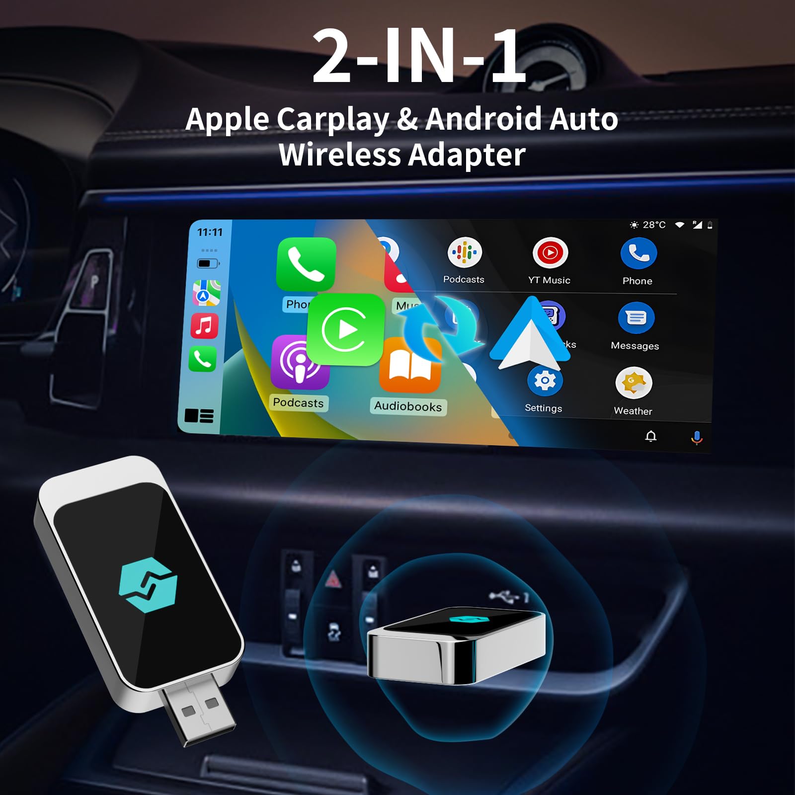 CUQI Bezprzewodowy adapter Android Car oraz CarPlay, 5G, WiFi i Bluetooth 5.0, USB typu C i USB, Plug & Play, dla iOS 10+, Androida 11+