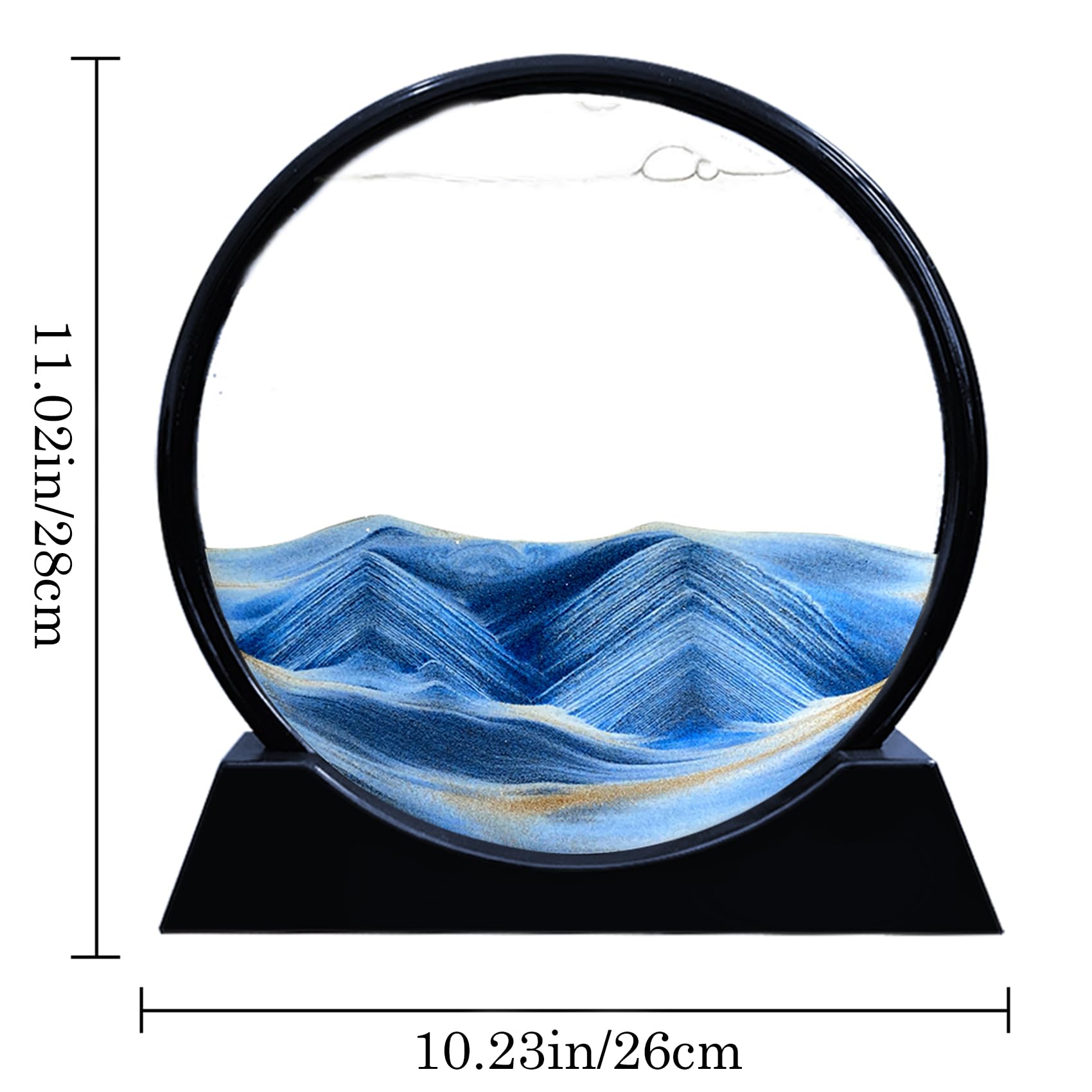 Aoderun Moving Sand Art Picture Round Glass 3D Deep Sea Sandscape in Motion Display Flowing Sand Frame Relaxing Desktop Home Office Work Decor (12", Black): New blue 12"