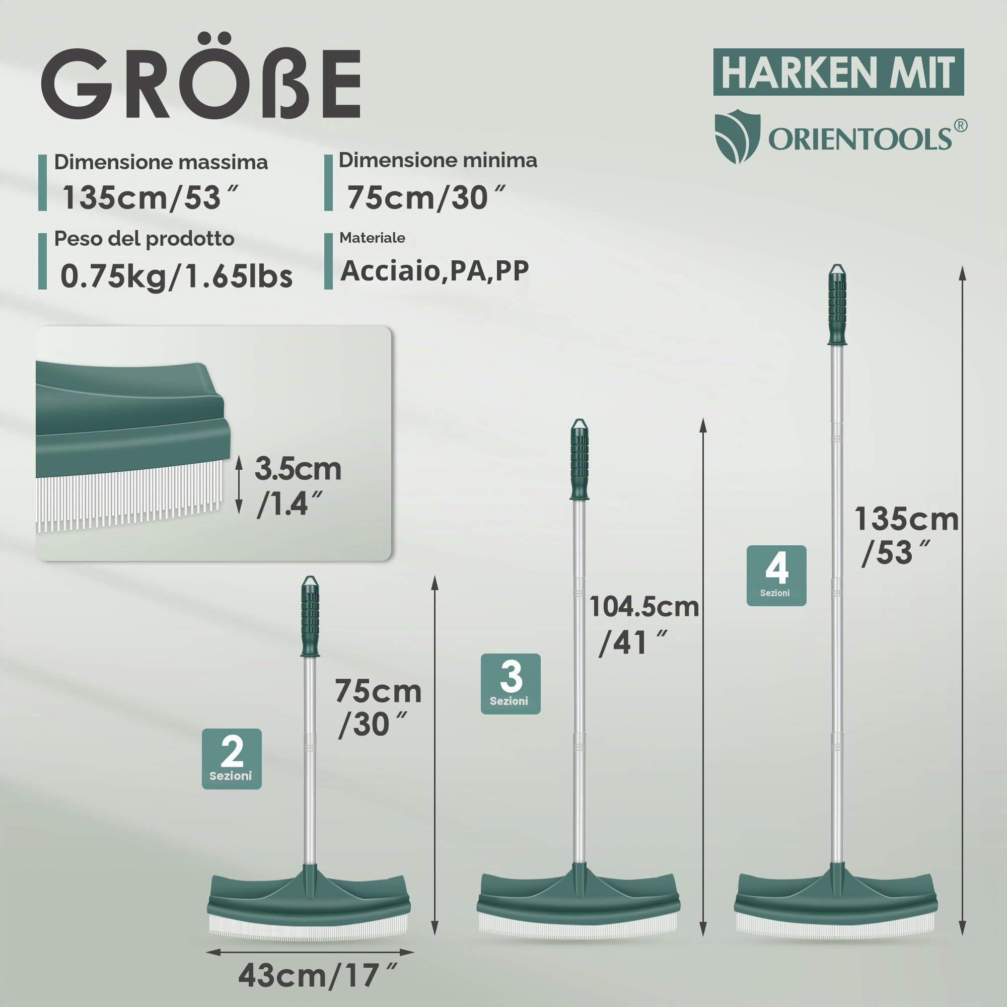 ORIENTOOLS Spazzola per erbacce artificiale, rastrello curvo regolabile da 80 a 134 cm, manico in acciaio, rastrello finto PA per prati e foglie