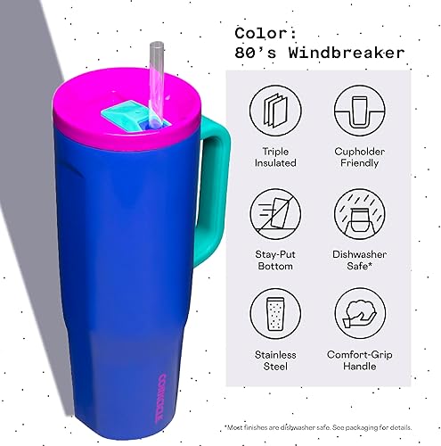 Miniatura 4 de Corkcicle Cruiser - Vaso aislado con asa y pajilla, rompevientos de los años 80, 40 onzas, botella de agua reutilizable mantiene las bebidas frías