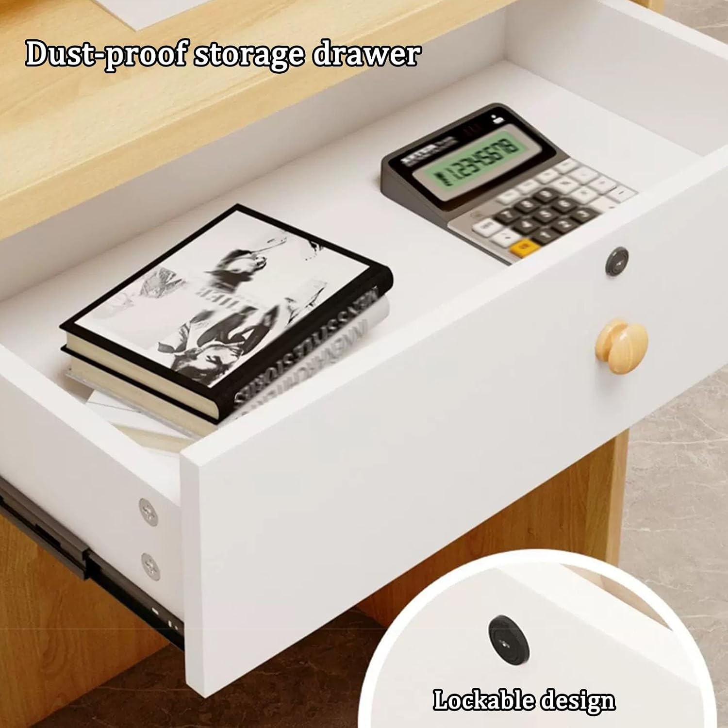 Small Reception Desk, Front Counter, Counter Desk with LED Lights, Front Desk with Lockable Drawers, for Salon Lobby Clothing Shop Hotel Checkout Office, Natural(60cm/23.6in)