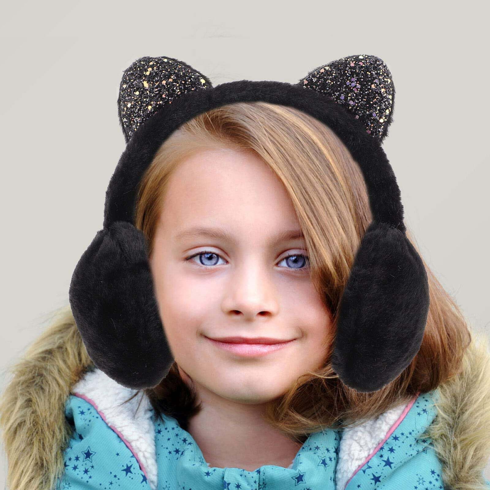 Dziewczęce nauszniki, kocie uszy, cekiny, puszyste, pluszowe, super miękkie, zimowe ciepłe ochraniacze dla dzieci, ciepłe, klasyczne nauszniki, na zewnątrz, prezent na Boże Narodzenie,
