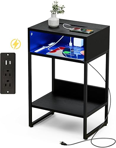 Innerjoin Mesa auxiliar con estación de carga puertos USB A y C, mesita de noche LED con compartimento de almacenamiento, mesa auxiliar de cama con