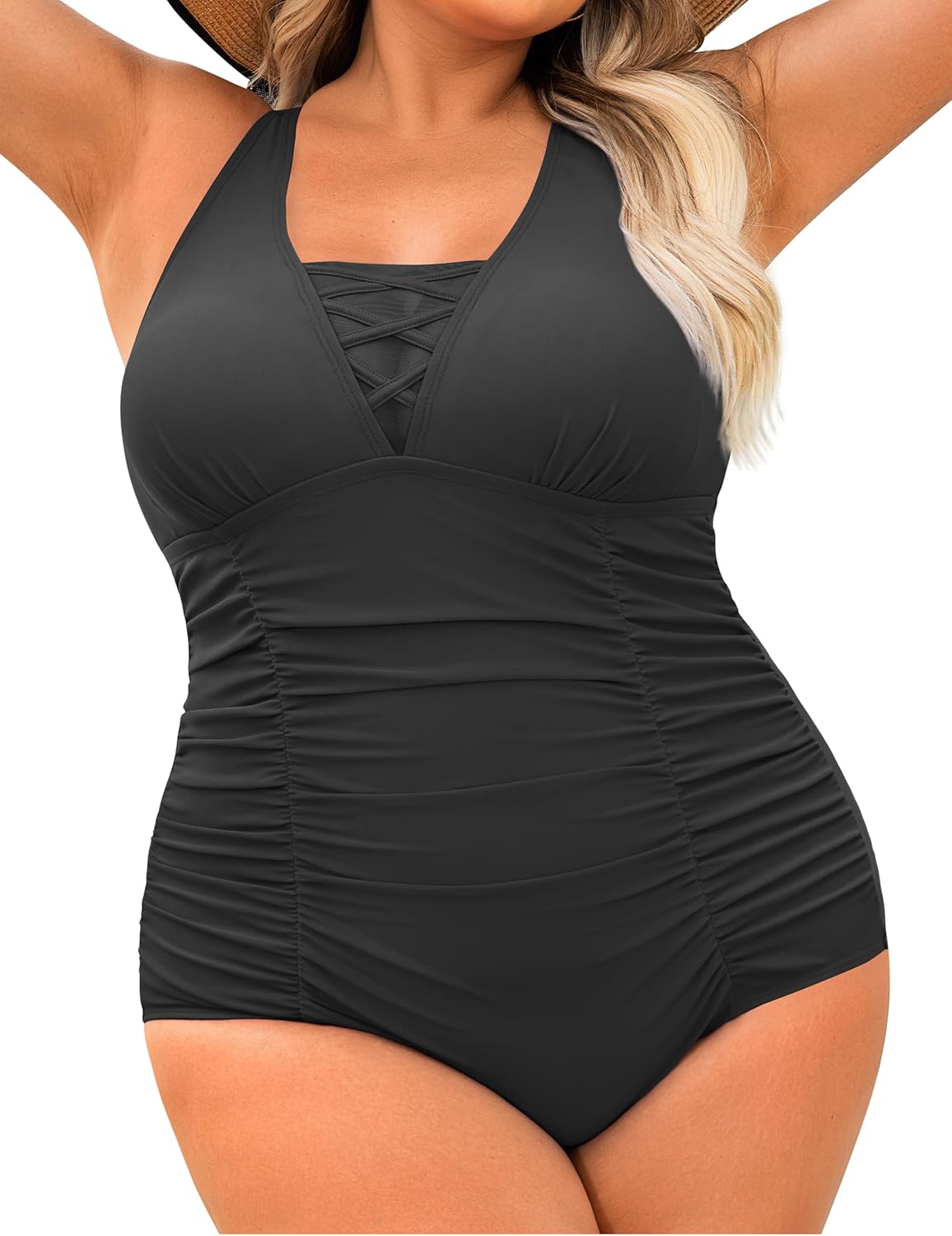Plus Size Swimsuit One Piece Bathing Suit Women Tummy Control Swimwear V Neck Cross Swimsuits Adjustable Straps XL