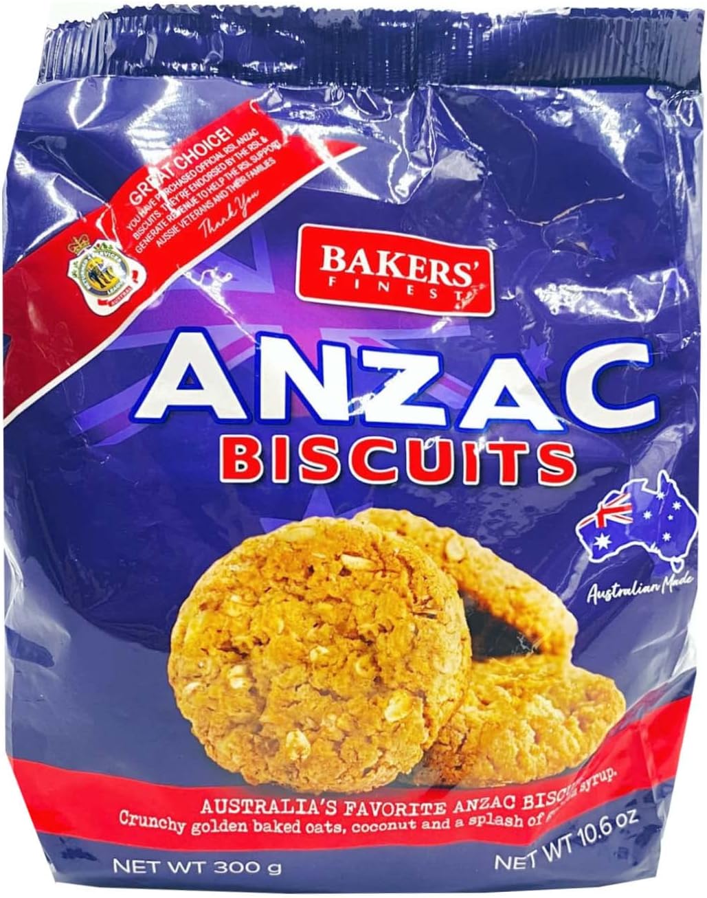 Bakers' Finest Anzac Cookies Authentic Biscuits Australian Made 300 gr 10.6 Oz (1 Pack), 1.0 Count