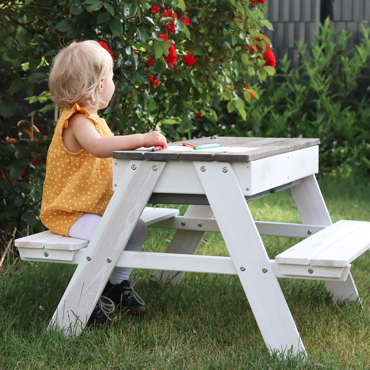 Meppi Sitzgruppe Rügen Weiss/grau Kindersitzgruppe aus Holz für Outdoor/Indoor Einsatz