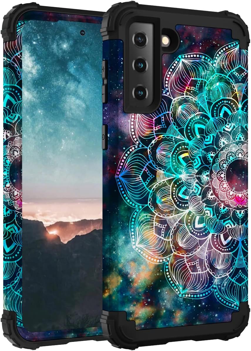Hocase for Galaxy S21 FE 5G Case, Heavy Duty Shockproof Protection Soft Silicone Rubber+Hard Plastic Bumper Hybrid Protective Case for Samsung Galaxy S21 FE 5G (6.4") 2022 - Mandala in Galaxy
