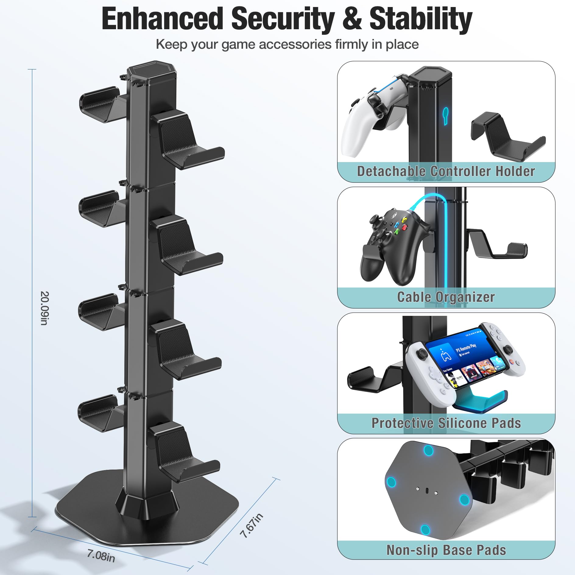 Kosker Supporto per Cuffie e Controller Scrivania a 4 Livelli, Supporto per Telecomando da Gioco con Organizer per Cavi, Universale Supporto per Cuffie e Porta Controller PS5 con 8 Ganci