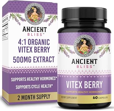 Ancient Bliss Vitex Chasteberry Supplement Organic Vitex Agnus-Castus 41 Extract 500 mg Supports Hormone Balance for Women, Cycle Health & Monthly Comfort Support 60 Capsules